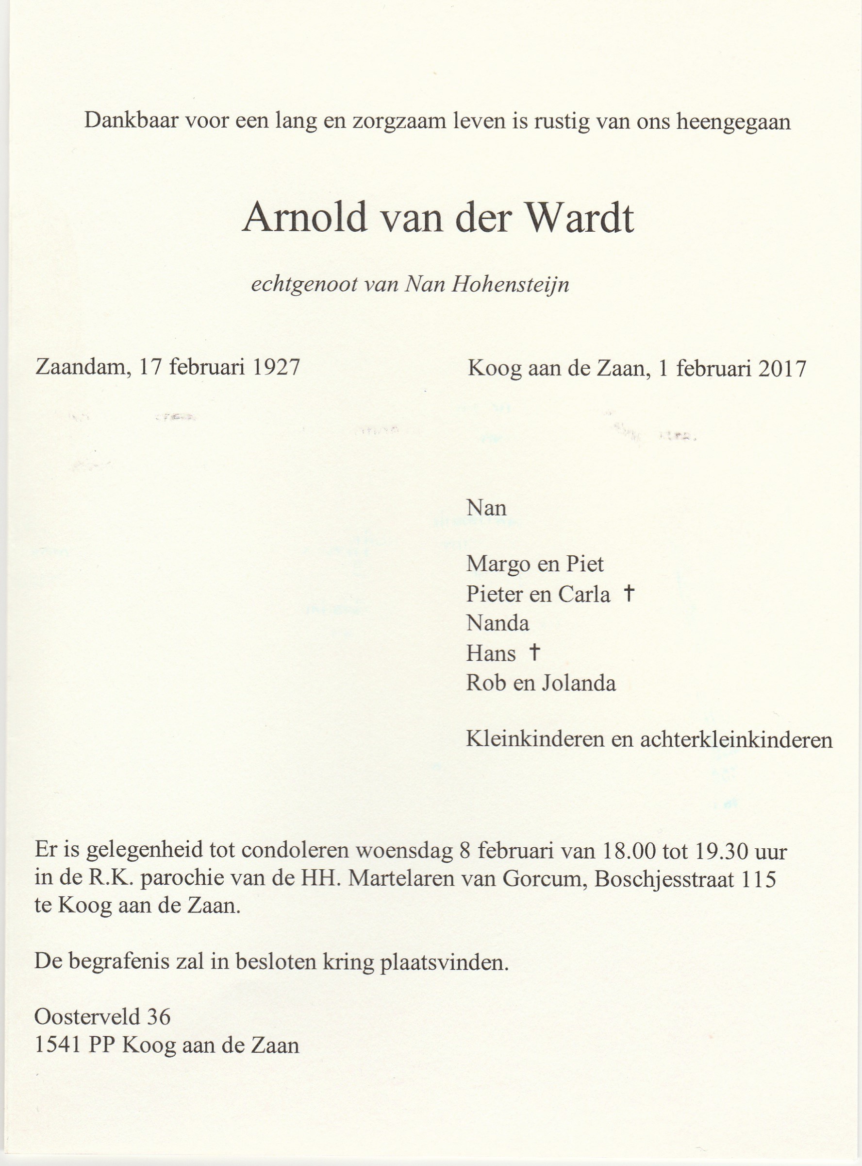 Arnold van der Wardt overleden.